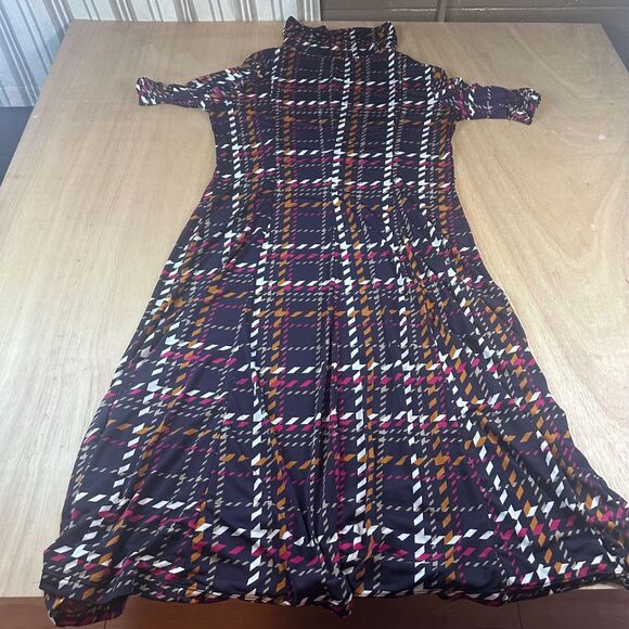 Perceptions New York Women’s Dress M Geometric Plaid Cowl Neck Midi Purple - Picture 1 of 5